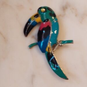 Vintage Large Toucan Pin, 1960s Enamelled With Rhinestone Brooch